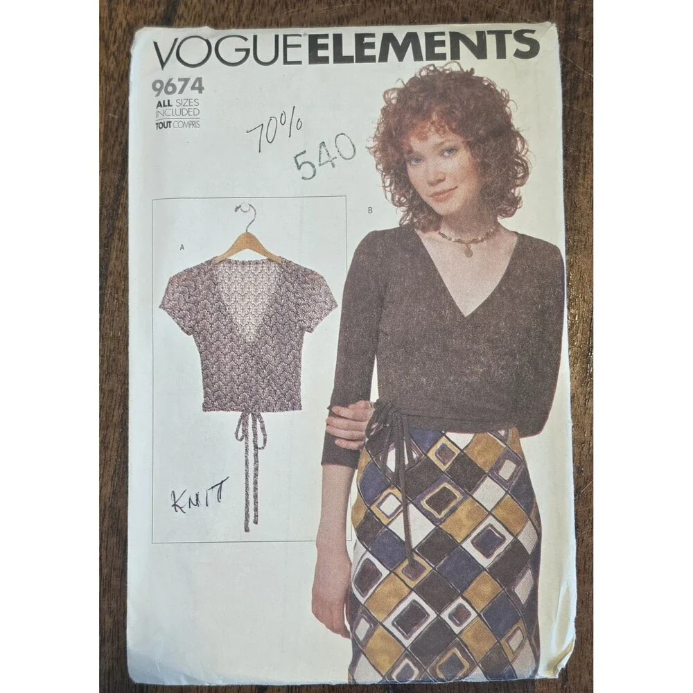 Vogue Basic Design Wrap Top Pattern V7876 Misses Size 6-10 UNCUT